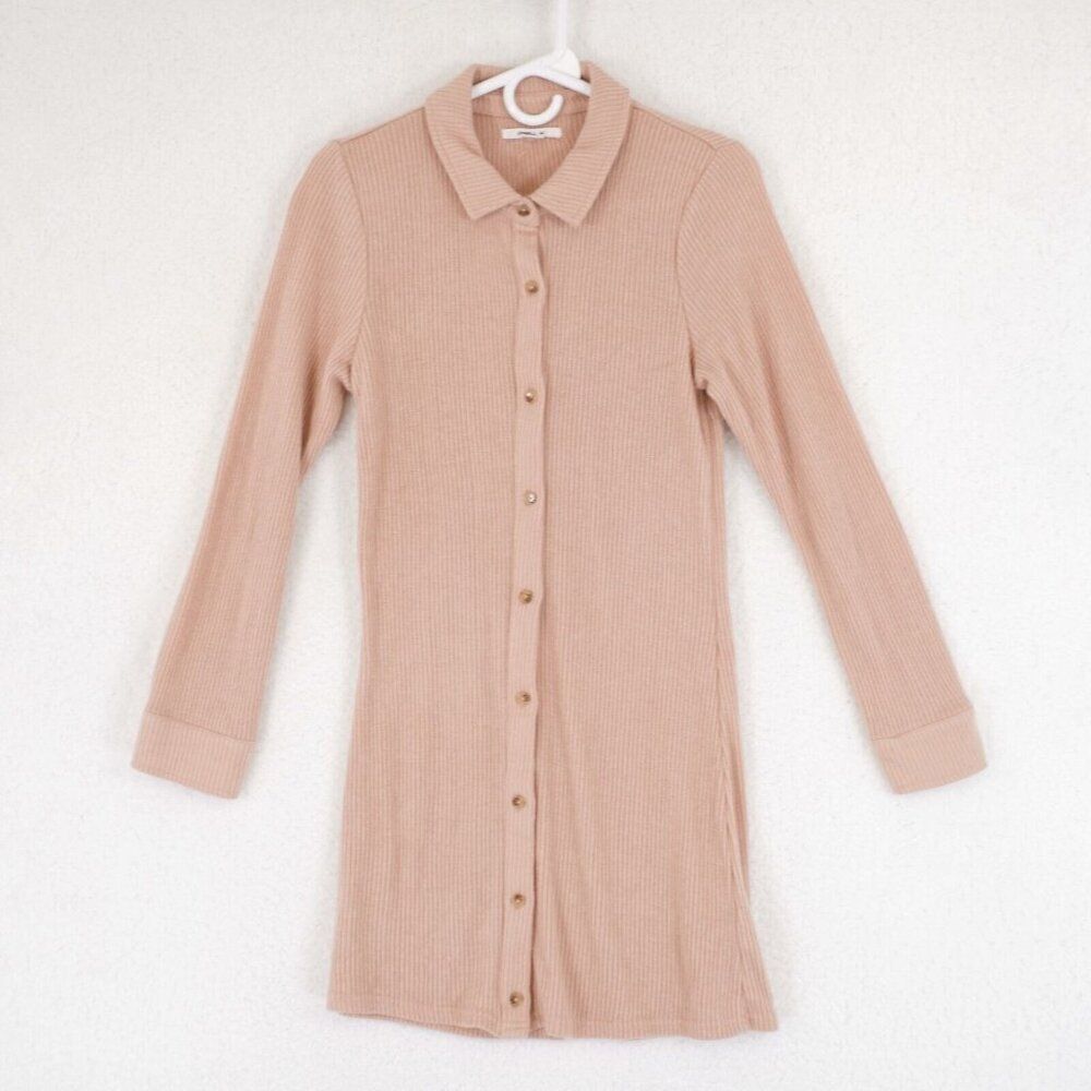 O'neil Long Sleeve Ribbed Peach Sweater Dress Medium Button Front Collared